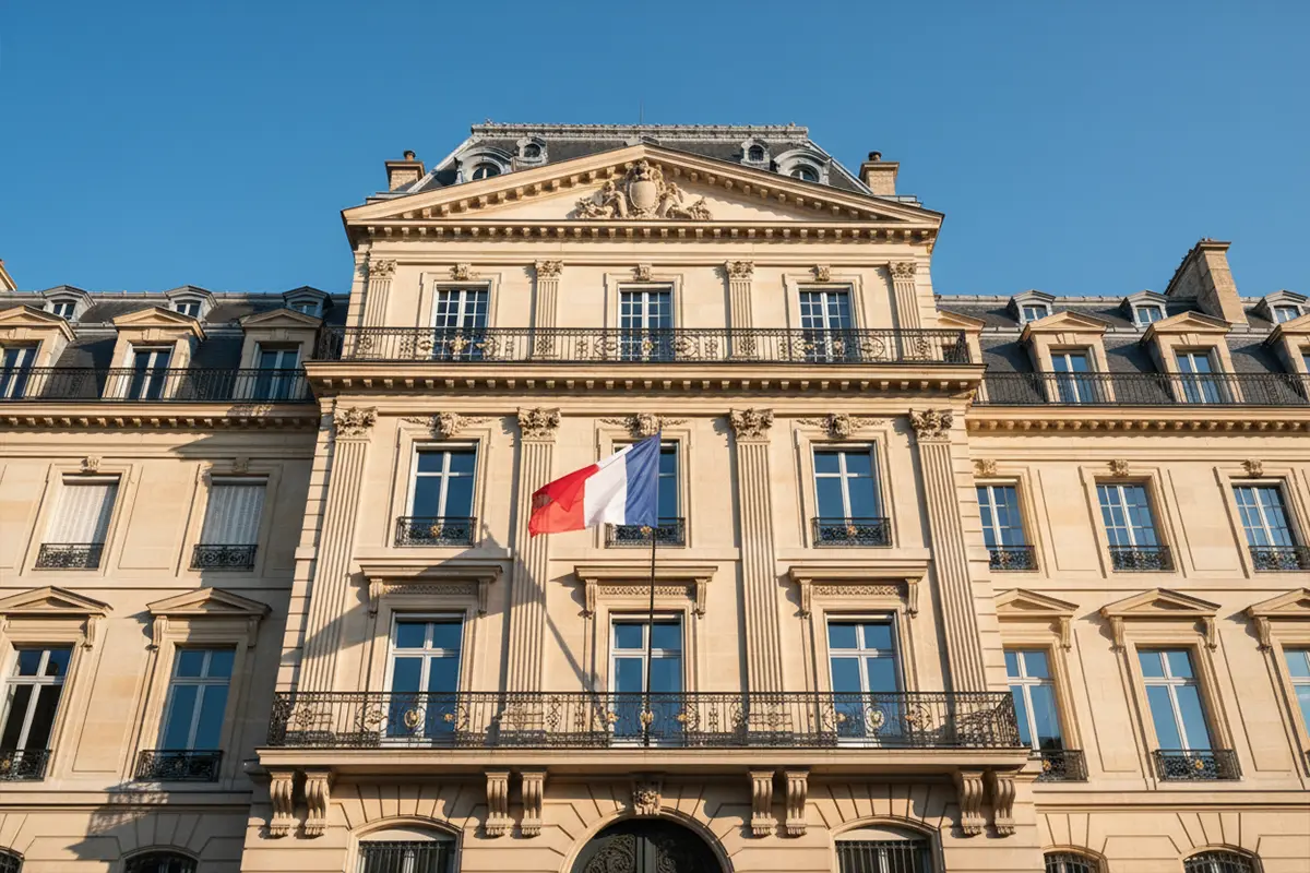 Bâtiment officiel français avec drapeau tricolore symbolisant la régulation des jeux