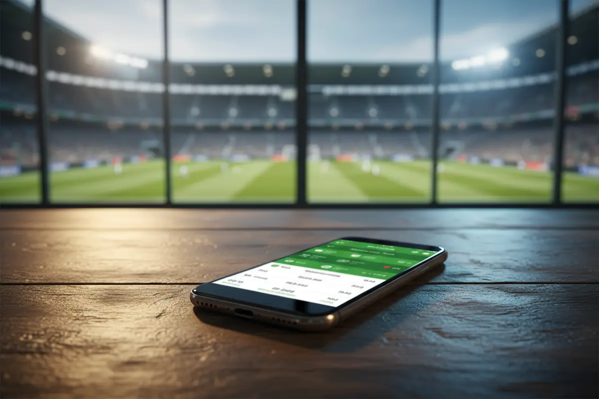 Smartphone posé sur une table avec un stade de football flou en arrière-plan