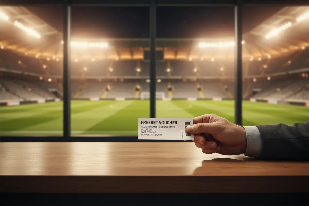 Main recevant un ticket de pari gratuit devant un terrain de football éclairé