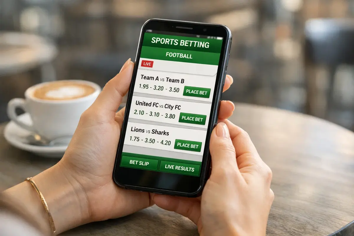 Personne utilisant une application de paris sportifs sur smartphone