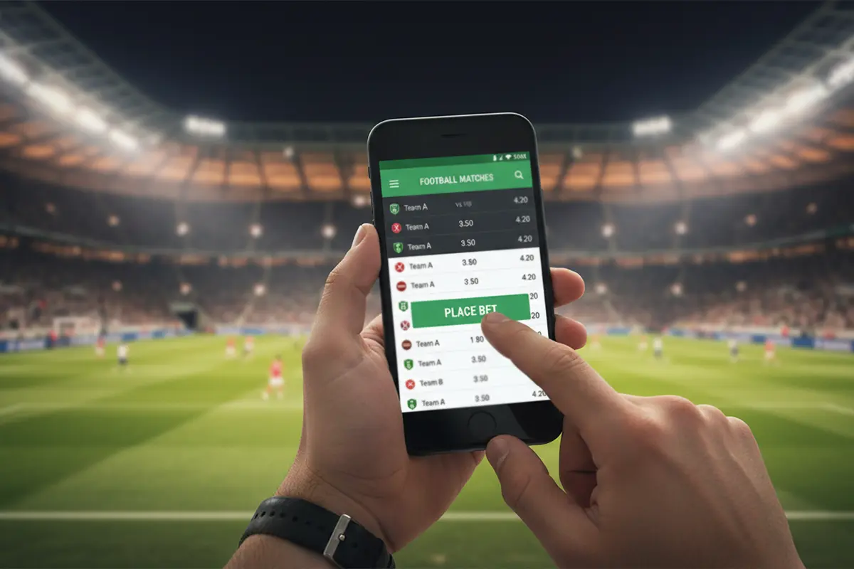 Écran de smartphone affichant un pari en cours avec un stade de football flou derrière