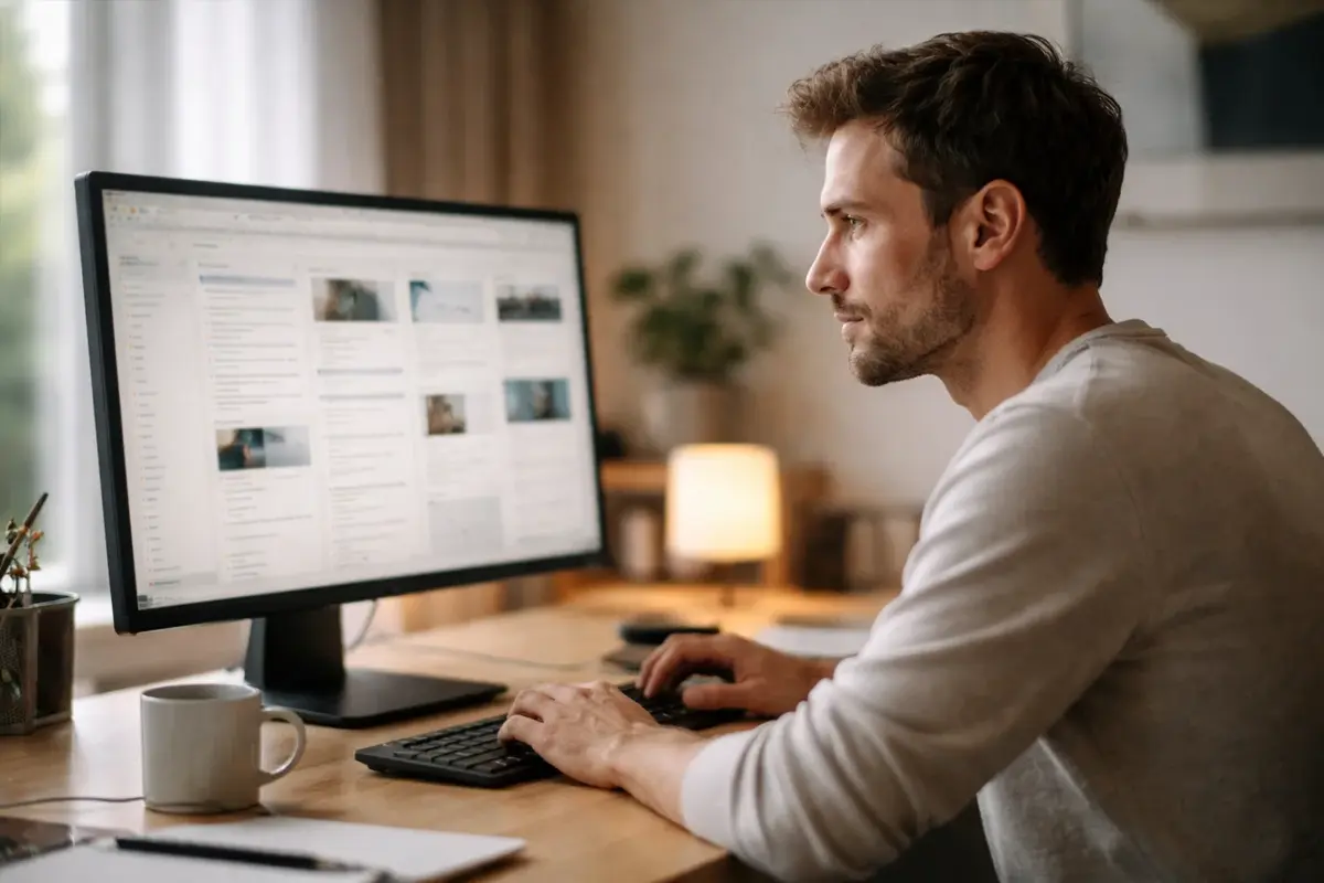 Homme concentr&eacute; devant &eacute;cran d'ordinateur comparant des sites de paris
