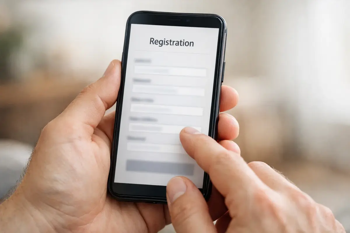 Mains tenant smartphone avec formulaire d'inscription ouvert