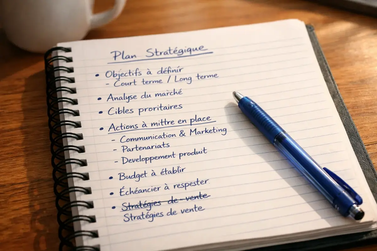 Carnet de notes ouvert avec stylo et annotations de strat&eacute;gie paris