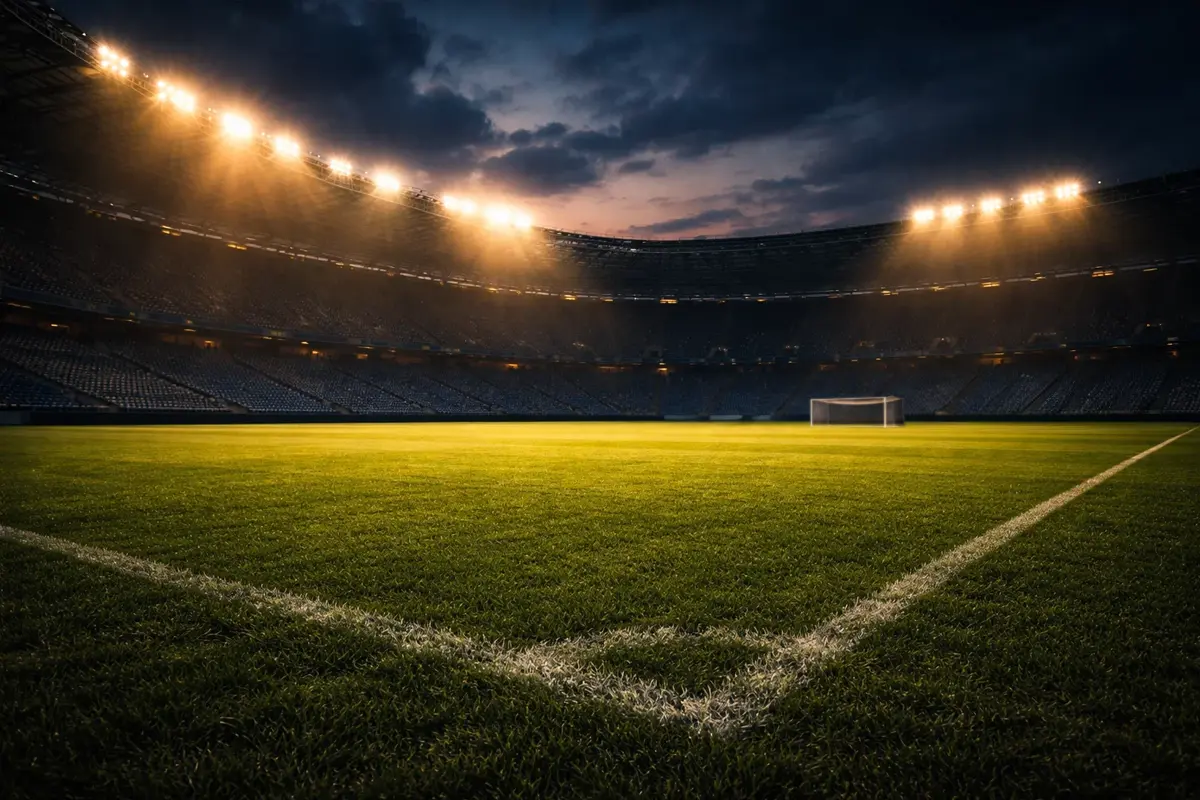 Stade de football illuminé avec pelouse verte et tribunes vides