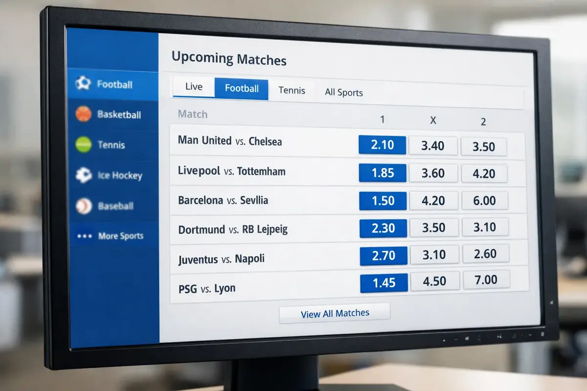 Interface de site de paris sportifs avec menu football et cotes