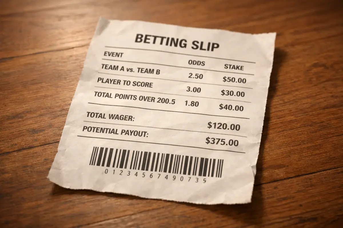 Ticket de pari papier avec d&eacute;tails de mise et num&eacute;ro de validation