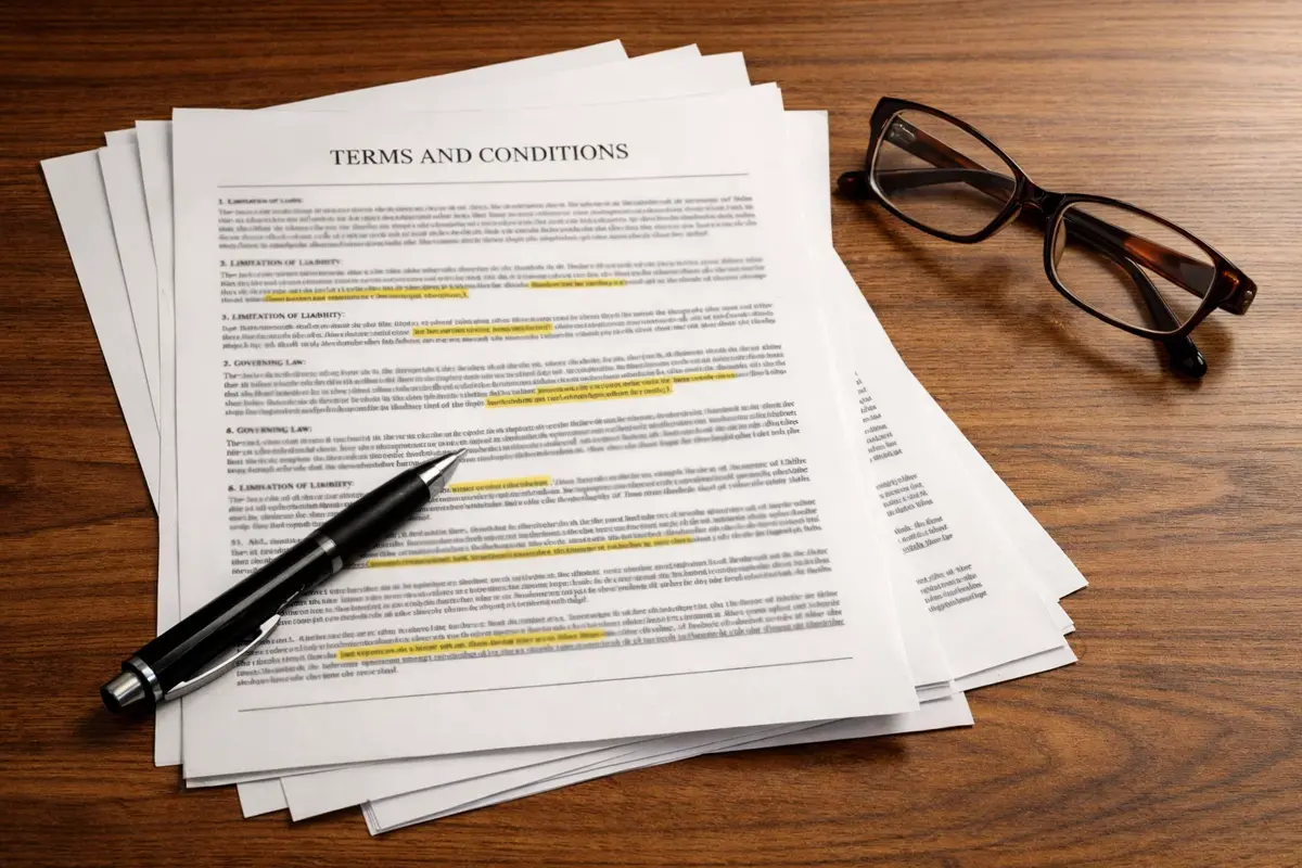 Document avec conditions g&eacute;n&eacute;rales et stylo pos&eacute; dessus