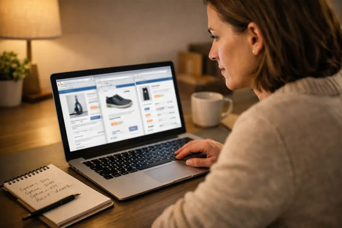 Personne comparant plusieurs sites sur ordinateur portable