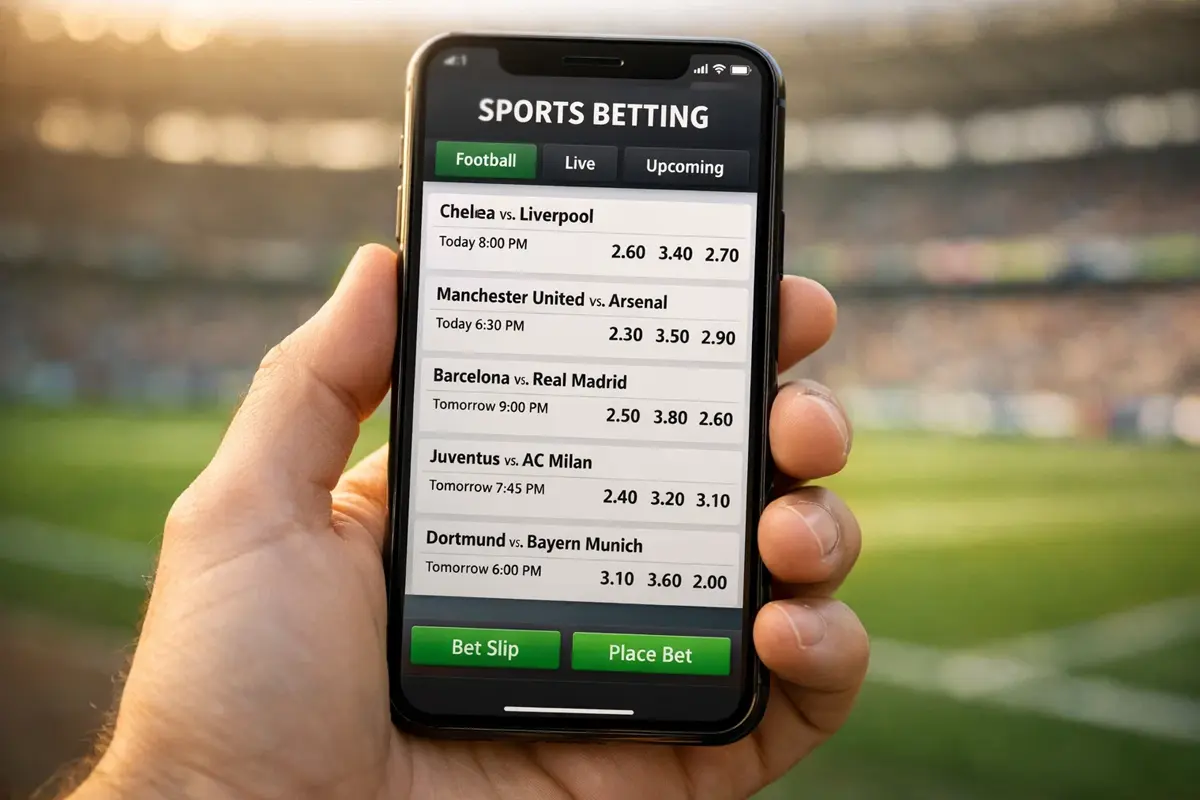 Écran de smartphone affichant application de paris sportifs football