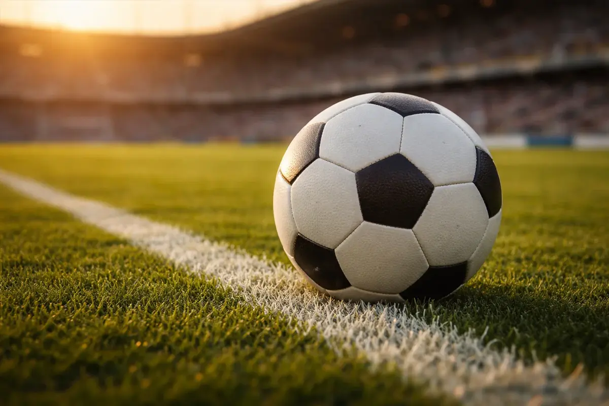 Ballon de football sur pelouse de stade avec lignes blanches