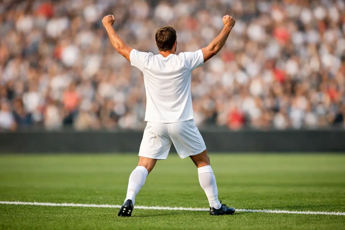Joueur de football c&eacute;l&eacute;brant un but sur terrain gazonn&eacute;