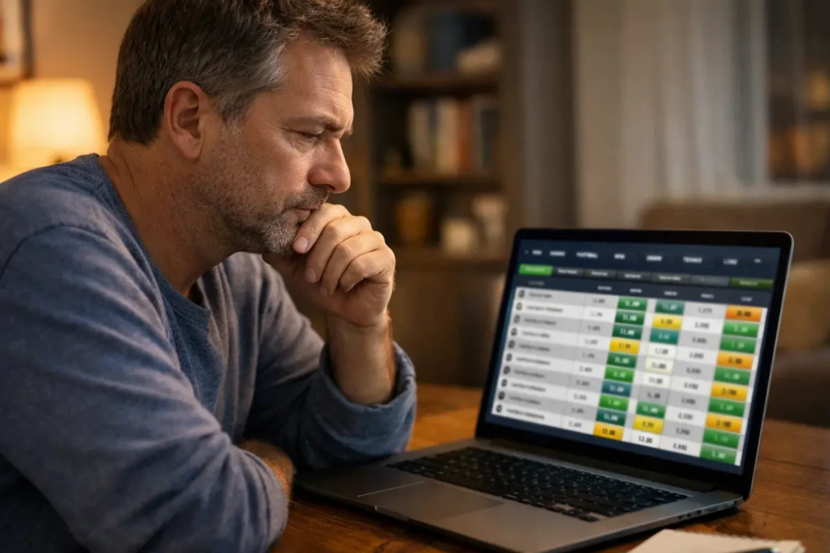Personne r&eacute;fl&eacute;chissant devant plusieurs options de paris sur &eacute;cran
