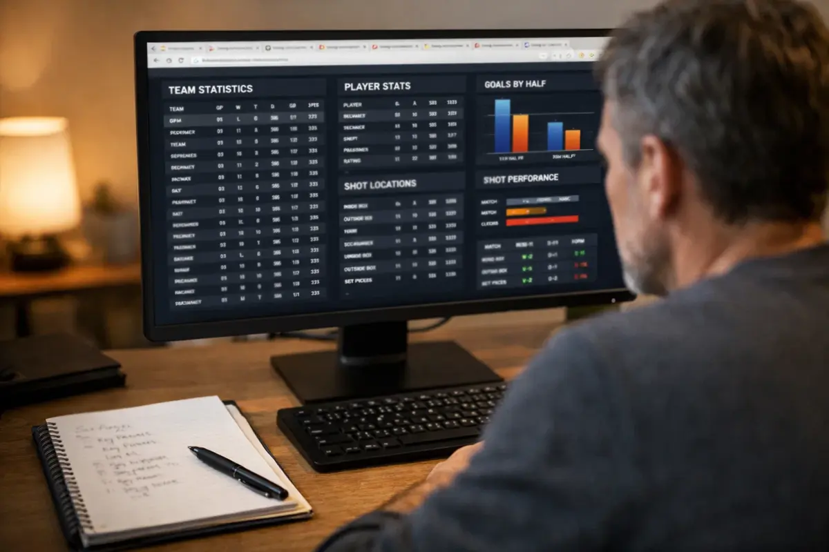 Personne analysant statistiques de football sur &eacute;cran d'ordinateur
