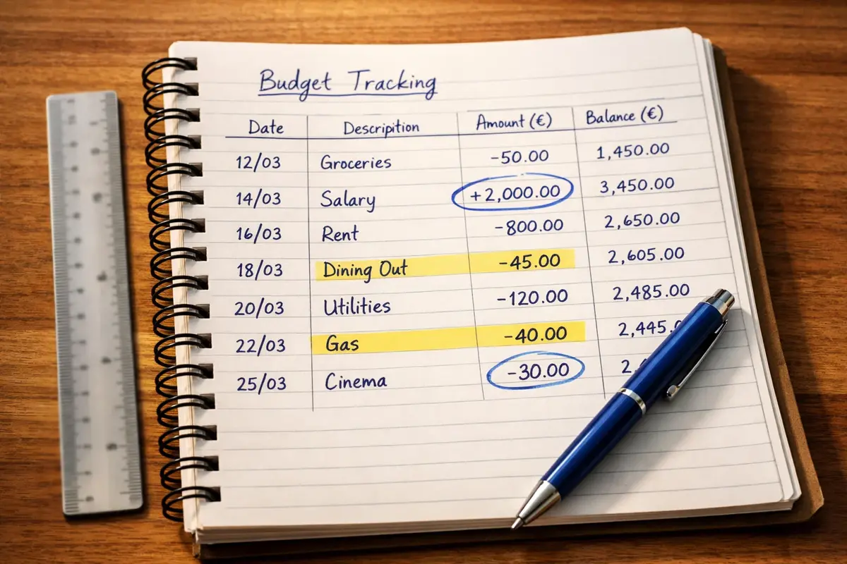 Carnet avec tableau de suivi de budget et stylo
