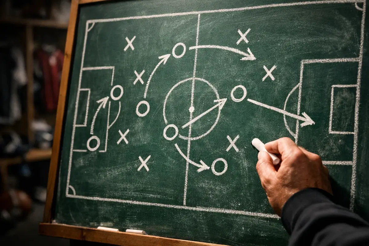 Tableau tactique de football avec schémas de jeu dessinés à la craie