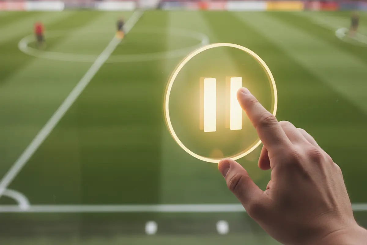 Main appuyant sur un bouton pause lumineux avec un terrain de football en fond
