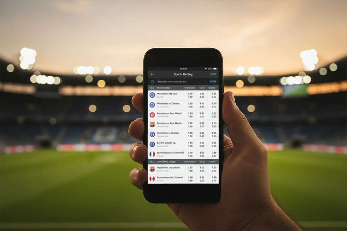 Smartphone affichant une application de paris sportifs devant un stade de football