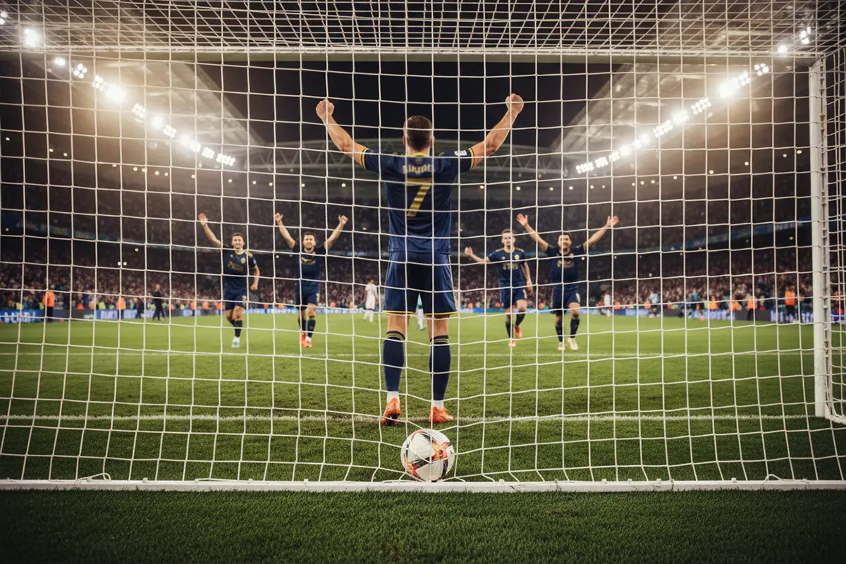 Joueur de football célébrant un but devant les filets sur une pelouse naturelle