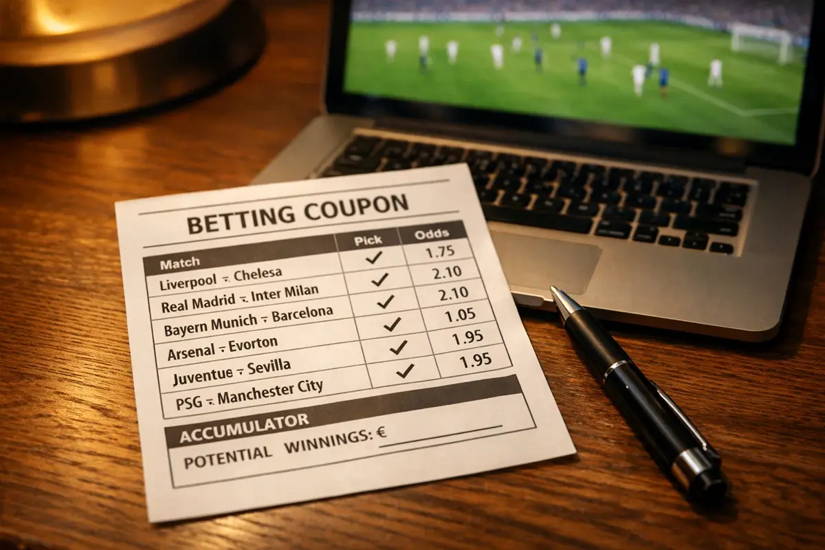 Coupon de paris sportifs avec plusieurs matchs de football cochés sur une table