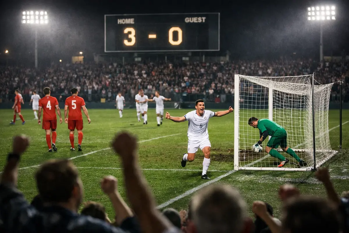 Deux équipes de football sur un terrain avec un écart de score visible au tableau