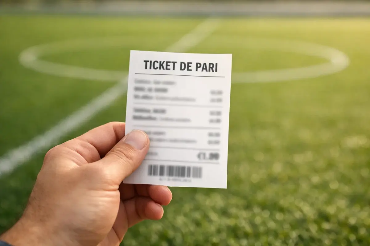 Main d'un parieur tenant un ticket de pari devant un terrain de football