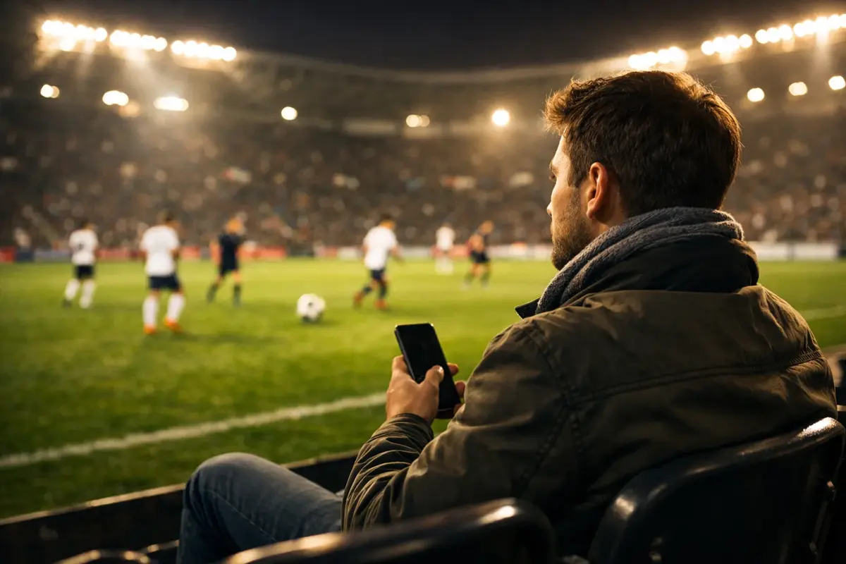 Supporter regardant un match de football dans un stade avec un smartphone à la main