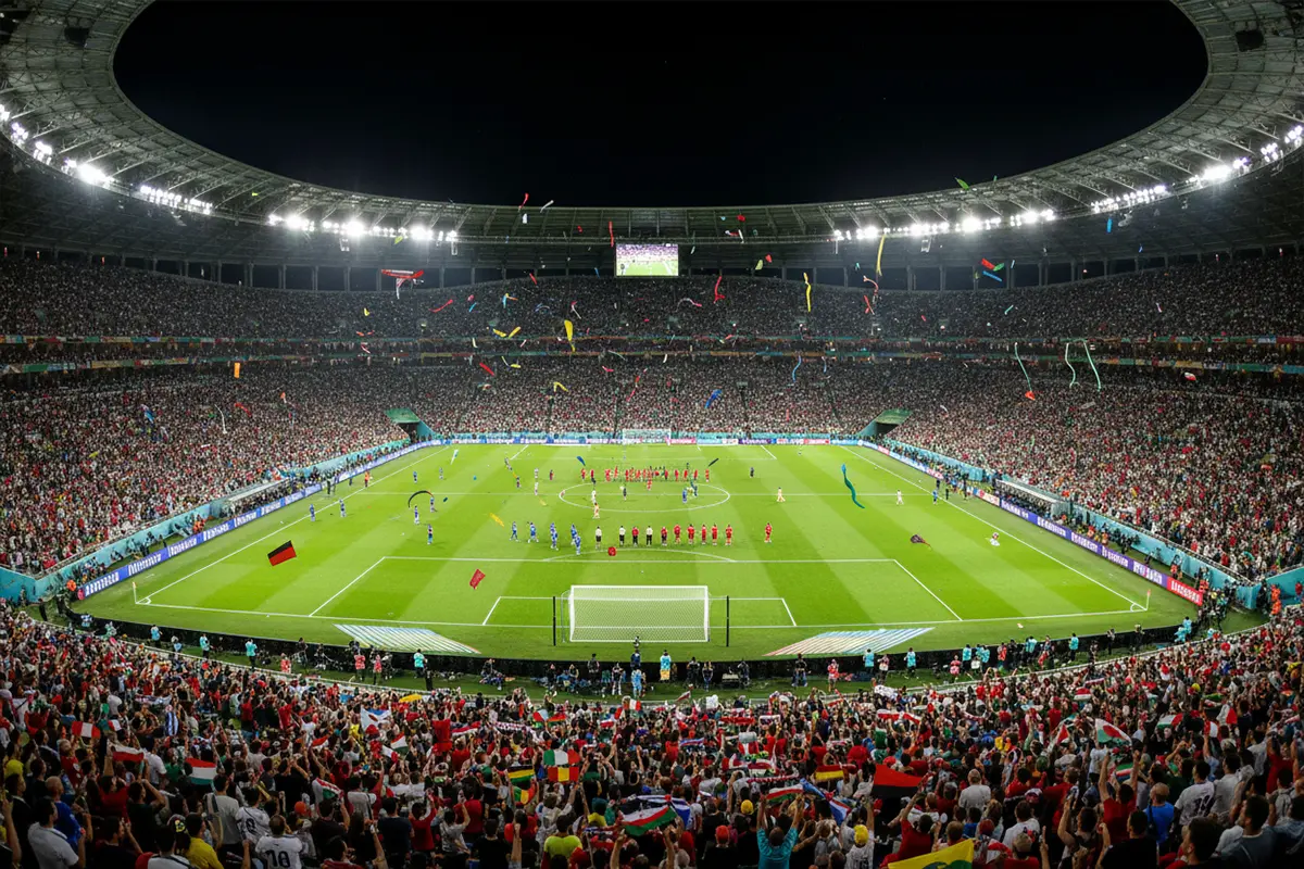 Stade de football rempli de supporters agitant des drapeaux de différentes nations