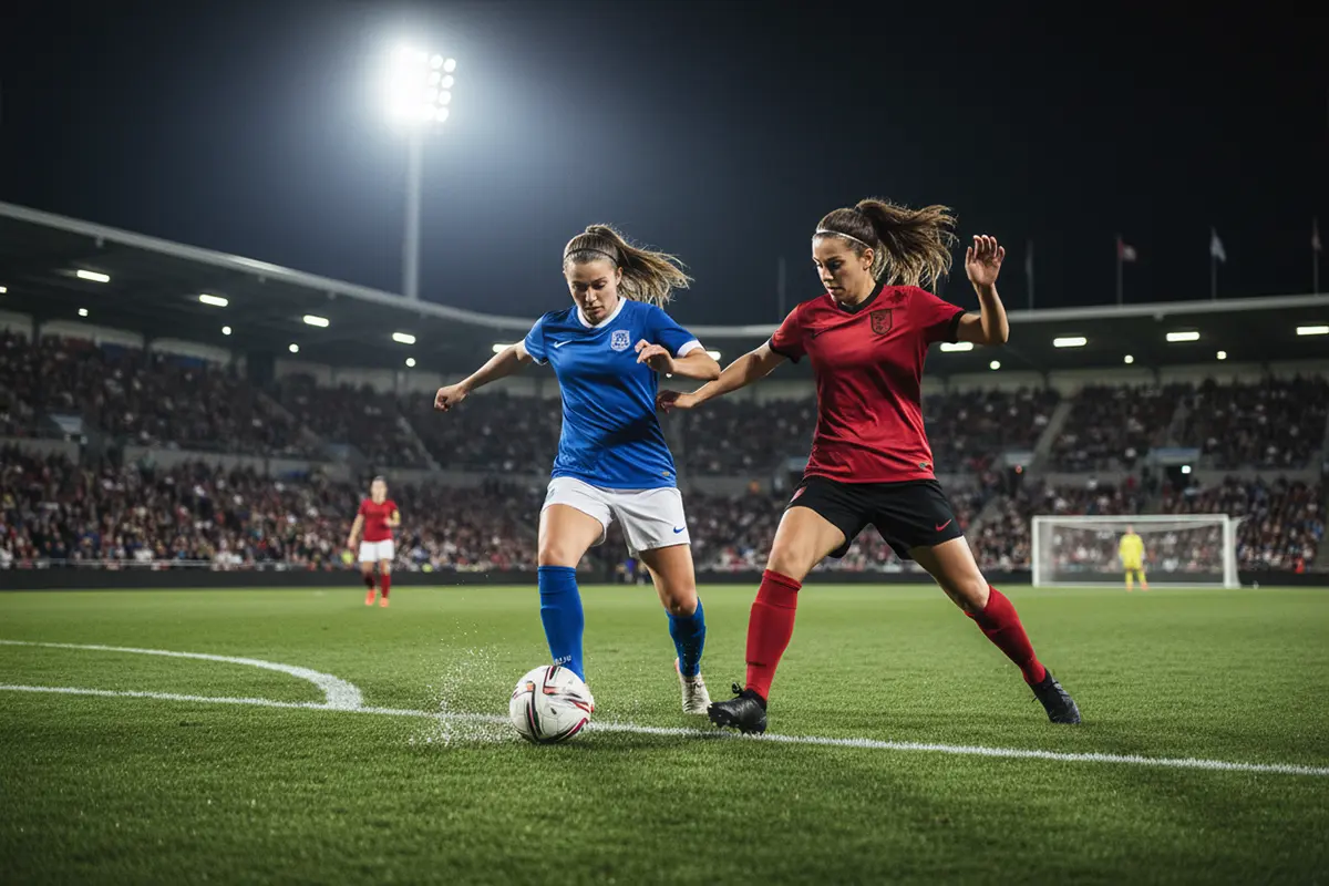 Joueuses de football féminin en action sur une pelouse naturelle sous les projecteurs