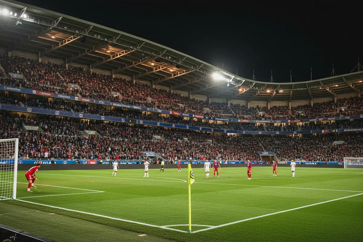 Vue panoramique d'un stade de football français rempli de supporters lors d'un match de Ligue 1