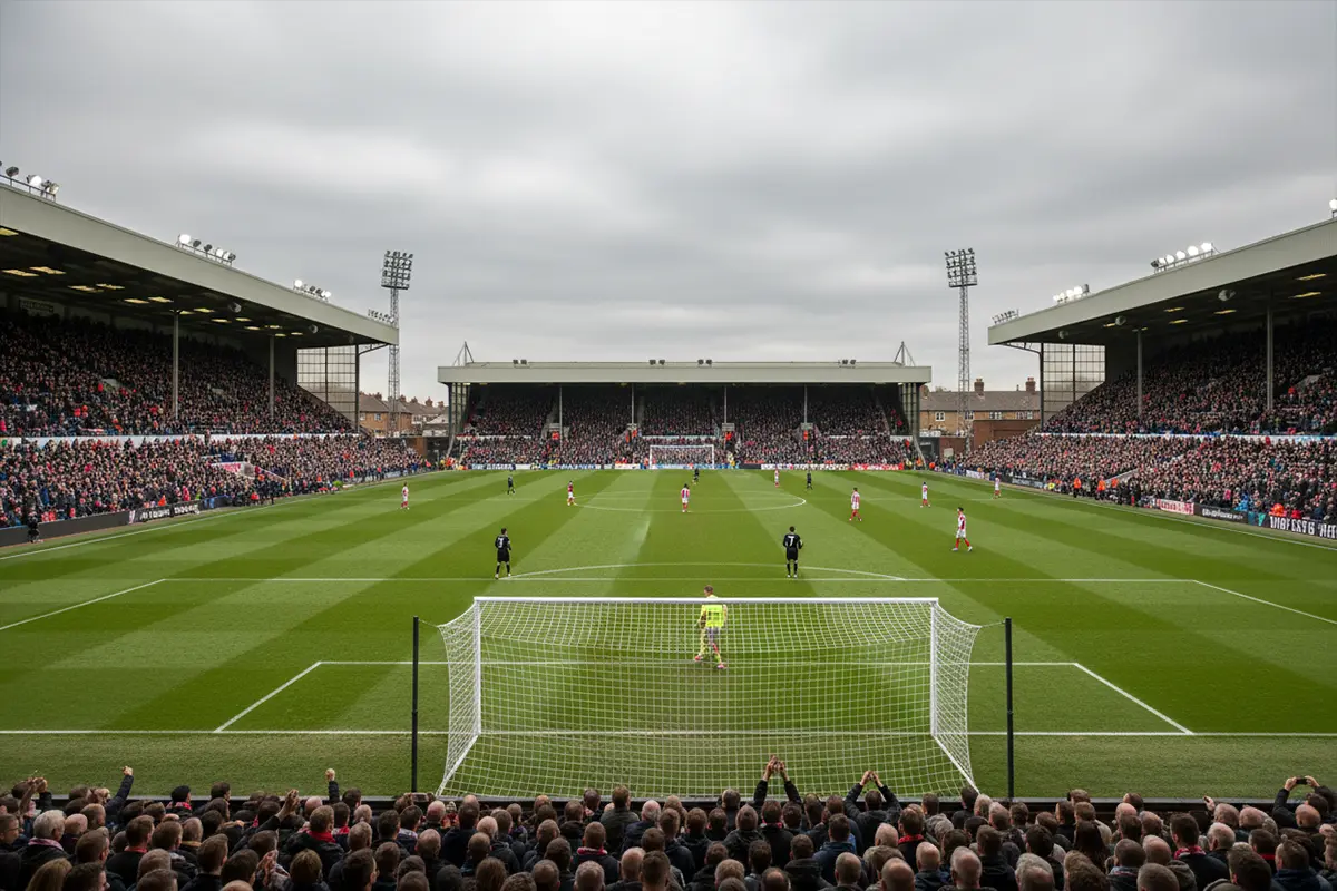 Stade de football anglais avec pelouse verte impeccable et tribunes remplies de supporters