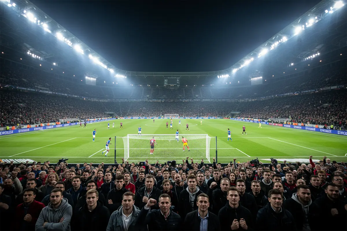 Spectateurs dans un stade de football regardant le match en cours sous les projecteurs