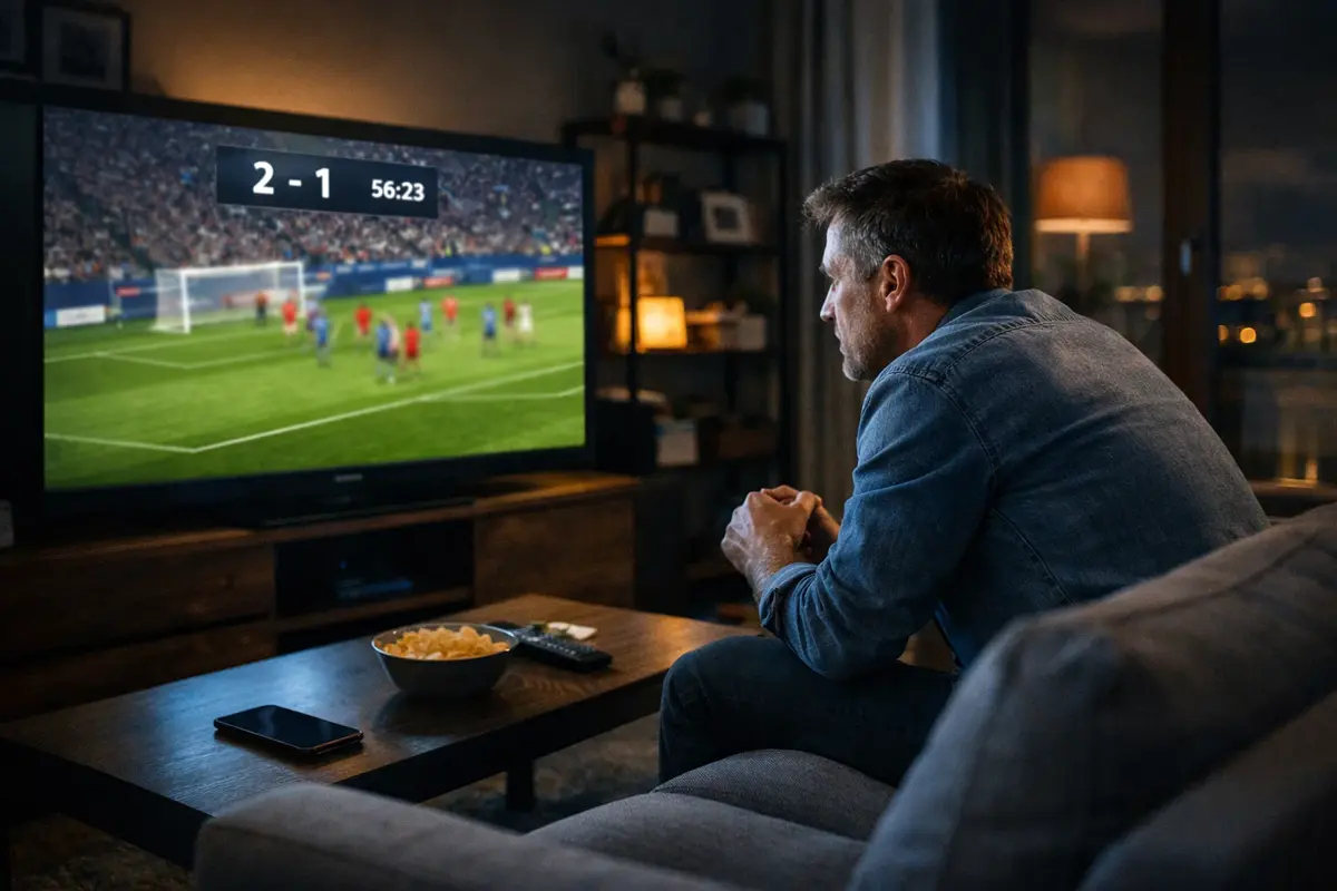 Fan regardant un match de football en direct sur écran de télévision