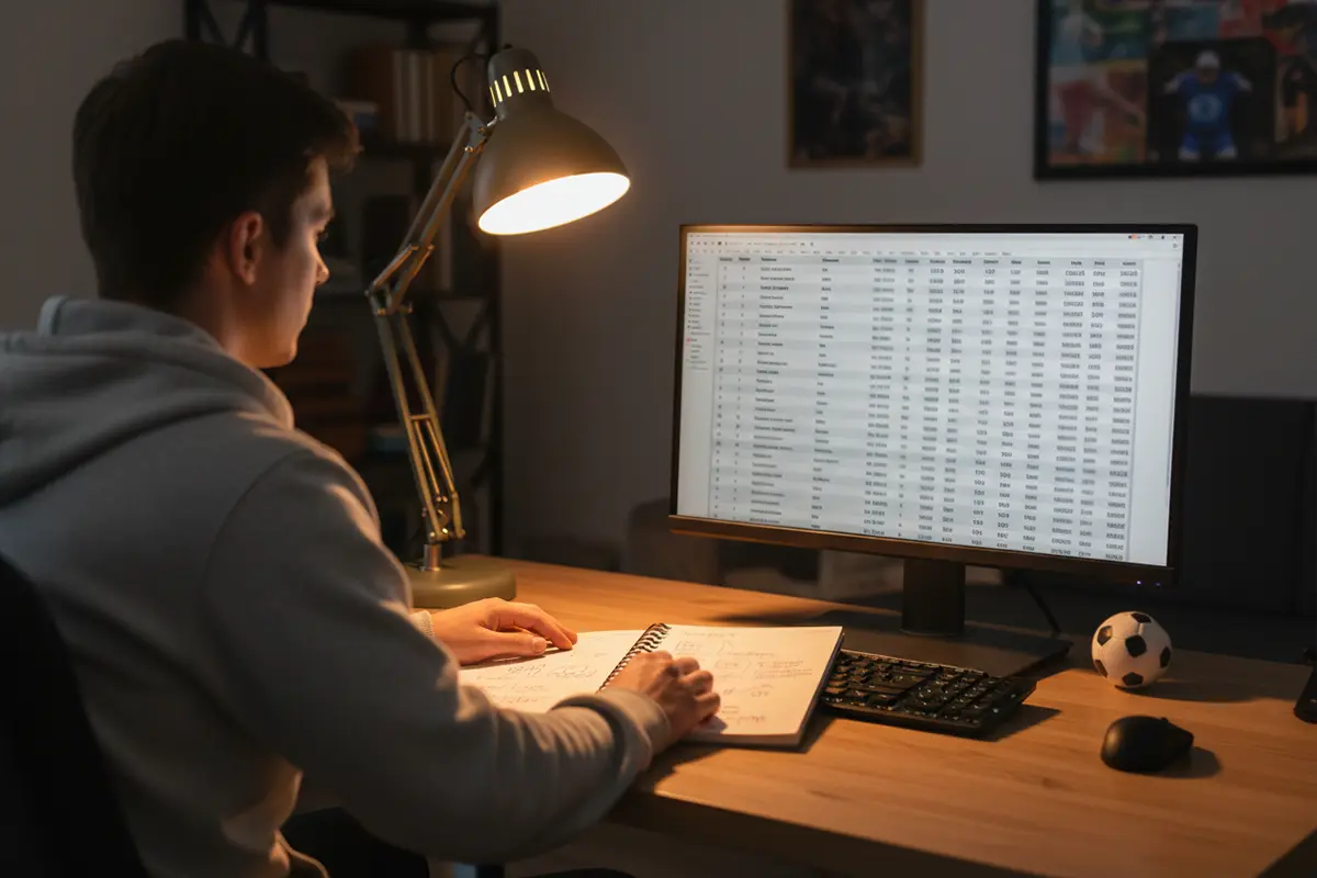 Parieur analysant des statistiques de football sur un écran d'ordinateur